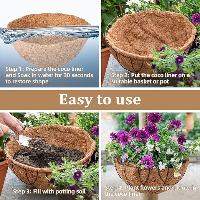 Legigo 4 Pack 14 Inch Hanging Basket Coco Liners Replacement, 100% Natural Round Coconut Coco Fiber Planter Basket Liners for Hanging Basket Flowers/Vegetables