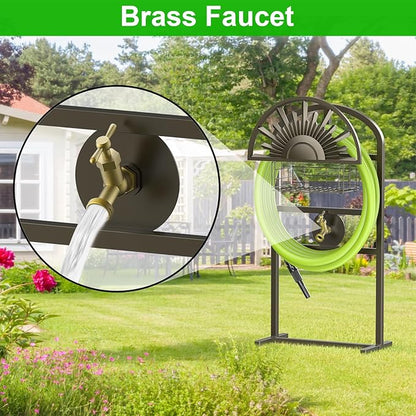 GOFORWILD Garden Hose Holder with Brass Faucet, Freestanding Water Hose Stand with Storage Basket, Detachable Heavy Duty Hose Reel Hanger Holds 150-Feet Hose for Outside Patio Yard Lawn