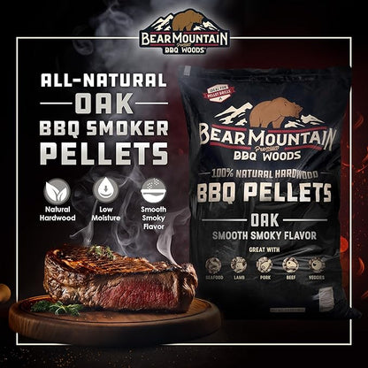 Bear Mountain All Natural Wood Pellets for Smoker, Grill & BBQ, 40 Lbs, Oak - Premium Hardwood Barbecue Pellets for Indoor and Outdoor Grilling