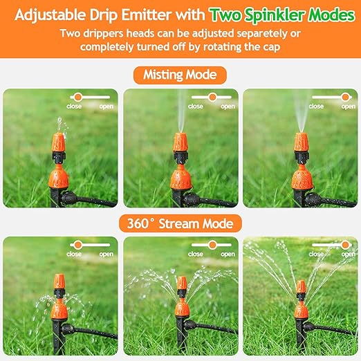 2 in 1 Drip Irrigation Emitters and Atomizing Nozzle for 1/4" Drip Irrigation Tubing, 25 Pcs Adjustable 360 Degree Water Flow Drippers Sprinklers Fittings for Garden Watering System