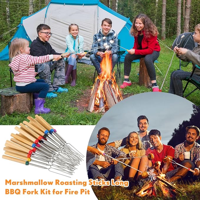 Minatee 28 Inch Marshmallow Roasting Sticks Bulk, Smores Skewers for Fire Pit, Hot Dog Camping Skewers Accessories Campfire Marshmellow Extendable Forks BBQ Tools Smores Sticks (12 Pcs)