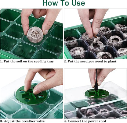6 Pack Seed Starter Tray Kit with Grow Light and Humidity Dome Germination Trays, 72 Peat Pellets, Plant Labels, Gardening Tools, Green, Modern Style, 7.3 x 5.7 x 4.5 inches