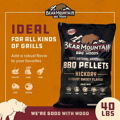 Bear Mountain All Natural Wood Pellets for Smoker, Grill & BBQ, 40 Lbs, Hickory - Premium Hardwood Barbecue Pellets for Indoor and Outdoor Grilling