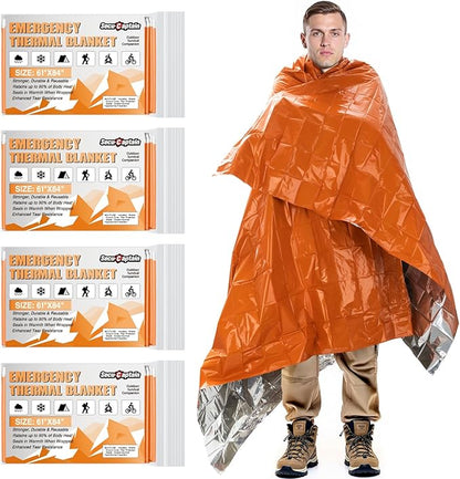 SecuCaptain Survival Emergency Thermal Blankets: Thicken 28um Space Mylar Blanket Kit for Outdoor Cold Winter Camping, Hiking, Car Bug Out Bag, or First Aid - Orange 4 Pack
