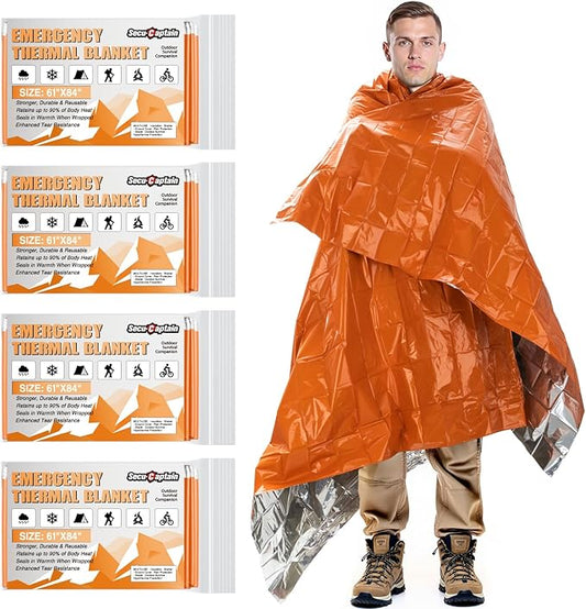 SecuCaptain Survival Emergency Thermal Blankets: Thicken 28um Space Mylar Blanket Kit for Outdoor Cold Winter Camping, Hiking, Car Bug Out Bag, or First Aid - Orange 4 Pack
