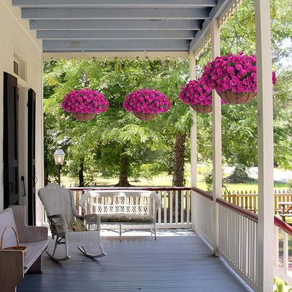 Artificial Hanging Flower Plants with Basket for Outdoor Decoration, Faux Petunias Flowers Fake Morning Glory Planter for Outside Patio Garden Porch Balcony Yard Decor(Fuchsia)