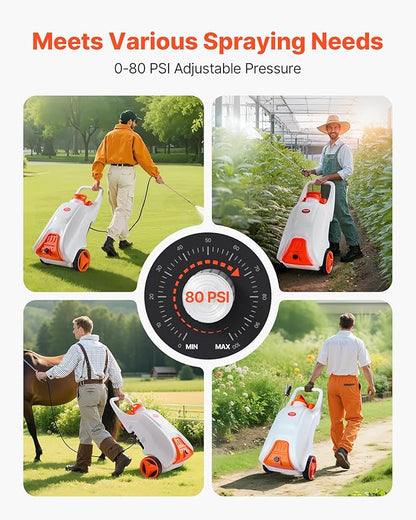 VEVOR 13.1 Gallon Battery Powered Sprayer with Wheels, Adjustable 0-80 PSI, 5 Nozzles and 98ft Hose Included, Orange