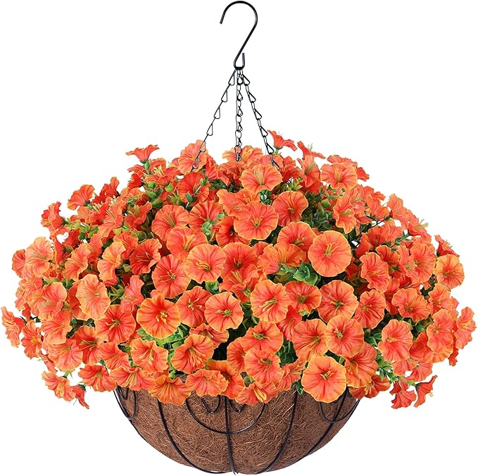 Artificial Faux Hanging Flowers Plants Basket for Outdoors, 12 Bundles UV Resistant Faux Outside Silk Morning Glory for Planter Realistic Artificial Flowers for Outdoor Porch Garden Patio, Orange