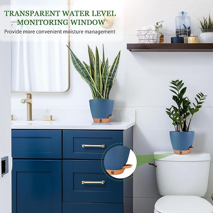 Self Watering Pots for Inoor Ourdoor Plants 10/9/8/7/6.5 Inch Plastic Planters with Drainage Holes & Water Level Indicator, Decorative House Flower Nursery Planting Pots with Saucers (Navy Blue)