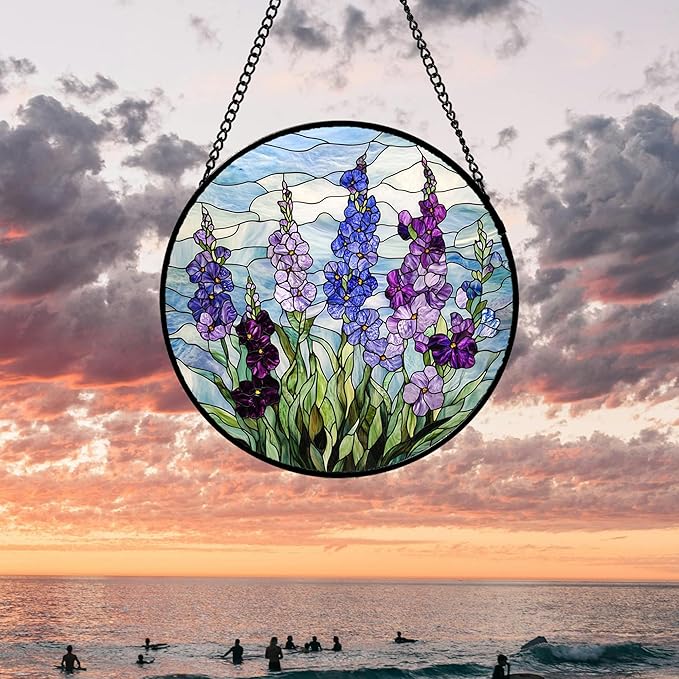 Stained Glass Window Hanging - Blue Purple Delphinium Suncatcher for Door Garden Home Decor Birth Flower Sun Catcher Birthday for Friend Lovers Women Mom Nana 6.3 in