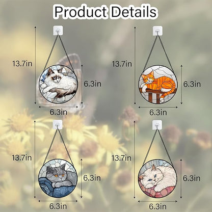 Stained Glass Window Hanging 4 Pcs Set Cute Cat 6.3" - Suncatcher Door Garden Sun Catcher Decor Birthday Mother's Day Christmas Comfort Gifts for Lost Pet Woman Nana Mom Men Friend