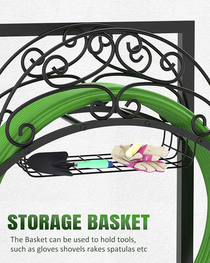 Breeze Touch Garden Hose Holder Freestanding with Basket, Heavy Duty Outdoor Hose Stand, Metal Rack for Yard, Durable Water Hose Storage for outside, Compact Organizer for Garden Use
