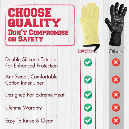 KITCHEN PERFECTION XL Silicone Smoker Oven Gloves for Women -Extreme Heat Resistant BBQ Gloves -Handle Hot Food Right on Your Grill Fryer&Pit|Waterproof Grilling Cooking Mitts|Superior Set+3 Bonuses