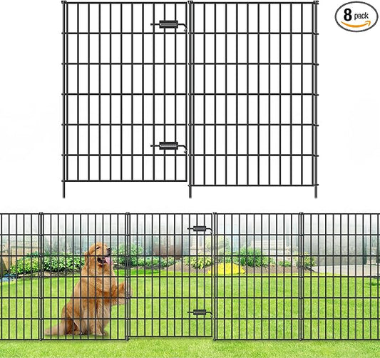 Metal Garden Fence with Gate 40in (H) x 18.7ft (L), 1 Gate + 7 Panels Dog Fence Border Fence Animal Barrier, No Dig Garden Fencing for Yard Flower Bed Lawn Patio Outdoor, PIN402808G Black