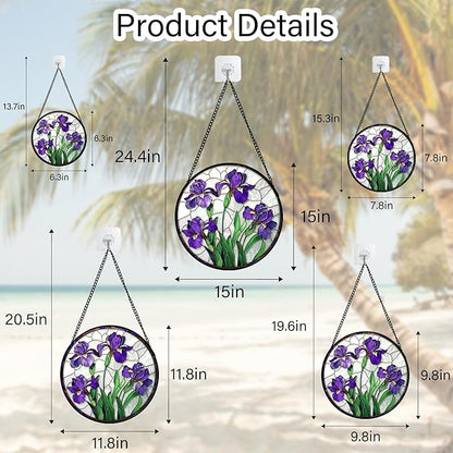 Stained Glass Window Hanging - Purple Iris Flower Sun Catcher for Door Terrace Garden Home Decor, Green Plants Suncatcher Birthday Gifts for Lovers Women Men Dad Mom Nana 9.8 in