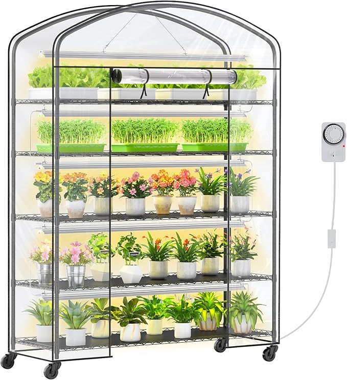 Plant Shelf Indoor Greenhouse with Grow Light & PVC Cover Portable Mini Greenhouse Cabinet with Shelves 5 Tier Metal Plant Stand with Grow Light for Indoor Plants, Seed Starting, 61"x21.6"x79"