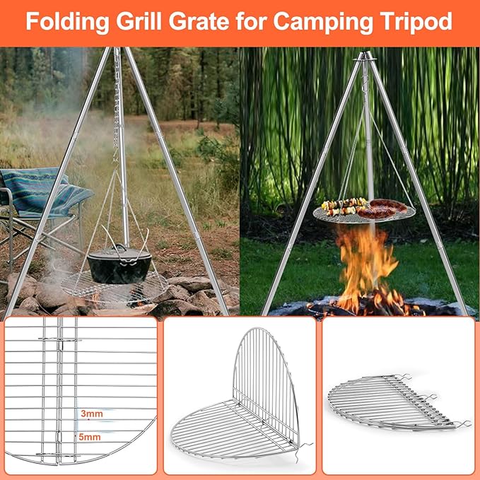 HaSteeL Camping Tripod for Outdoor, Adjustable Portable Cooking Tripod with 17”Folding Grill Grate, Stainless Steel Campfire Grill Stand Hanger for Dutch Oven Hunting Beach BBQ Fire Pit, Easy Assemble