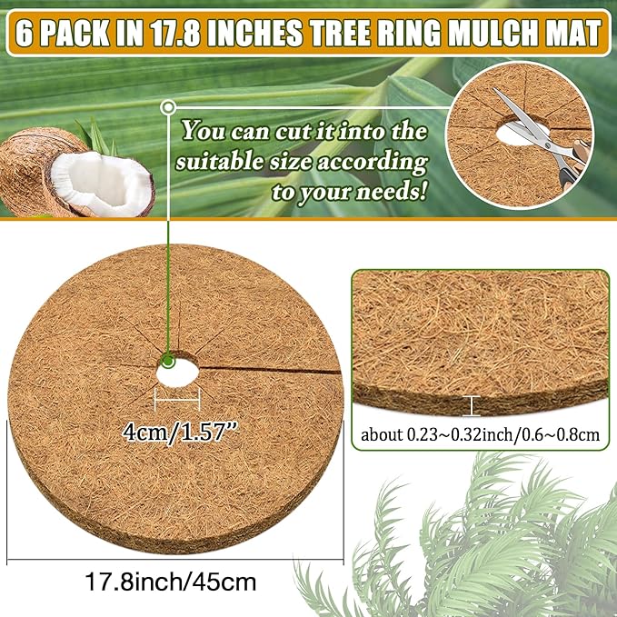 ZeeDix 6 Pack Coconut Fiber Mulch Ring, 18 Inch Coco Coir Tree Ring Mulch Mat, 100% Natural Tree Protector Mat Plant Cover Ring Coconut Coir Discs Tree Mats Mulch Rings for Indoor Outdoor Trees Plants