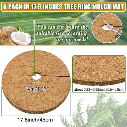 ZeeDix 6 Pack Coconut Fiber Mulch Ring, 18 Inch Coco Coir Tree Ring Mulch Mat, 100% Natural Tree Protector Mat Plant Cover Ring Coconut Coir Discs Tree Mats Mulch Rings for Indoor Outdoor Trees Plants