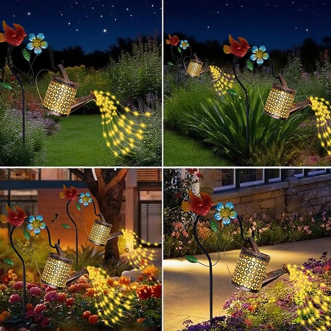 Solar Watering Can with Cascading Lights Outdoor Garden Decor, Cardinal Shaped Hook Gardening Gifts for Mom Women Grandma Birthday, Solar Lights for Garden Decorations Patio Yard Lawn Backyard