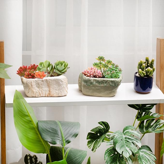 T4U 5.5 Inch Ceramic Succulent Pot Planter with Drainage Hole Set of 3, Stone Shape Rectangle Window Box Cactus Plant Containers Gift for Mom Sister Aunt Best for Home Office Table Desk Decoration