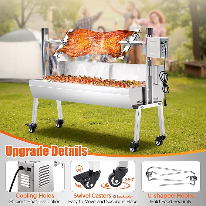 Jocisland Electric Rotisserie Grill Kit with Windscreen, 46" Height-Adjustable Charcoal Roaster, 132 Lbs Capacity, 45W Motor, Stainless Steel Spit with Lockable Wheels for Outdoor Camping