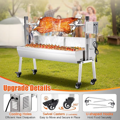 Jocisland Electric Rotisserie Grill Kit with Windscreen, 46" Height-Adjustable Charcoal Roaster, 132 Lbs Capacity, 45W Motor, Stainless Steel Spit with Lockable Wheels for Outdoor Camping