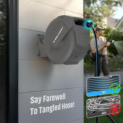 Retractable Garden Hose Reel 65 ft x 1/2 in, Heavy Duty Hose Reel Wall Mount with Any Length Lock, Slow Return System, 180° Swivel Bracket, 10-Pattern Garden Hose Nozzle, Dark Grey