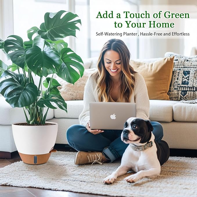 8/10/12 Inch Self Watering Pots for Indoor/Outdoor Plants - Large Plastic Planter with Drainage Holes, Water Level Indicator & Deep Reservoir, Modern Decorative Flower Pots (White)