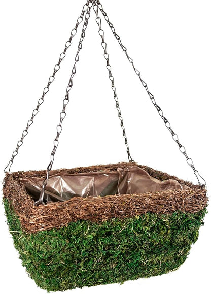 SuperMoss (29214D MossWeave Hanging Basket | Outdoor Hanging Planter with Moss | Decorative Plant Hanger for Porch, Balcony, Garden & Home Décor, Square with Wicker Rim, Large 14” D, Green