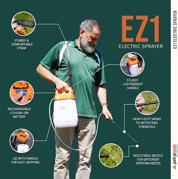PetraTools EZ1 Battery Powered Sprayer 1 Gallon - Lawn and Garden Electric Sprayer for Weed/Pest Control, Watering & More - Battery Operated for Effortless Spraying (Pro-Kit)