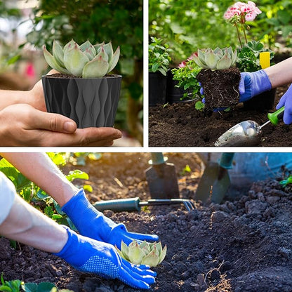 12 Pack 4 Inch Small Plant Pots with Saucers, Waffle Texture Plastic Planters with Drainage Holes for Indoor and Outdoor Plants, Flowers, Herbs, Succulents, and Seedlings, Black