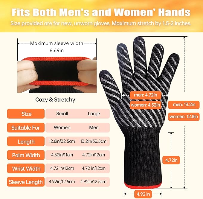 HandLove BBQ Gloves, Oven Gloves with Fingers – Heat Resistant Gloves for Grilling | Silicone Grip, Long Cuff Mitts - Kitchen & Outdoor Barbecue, Cooking, Baking, Black,S