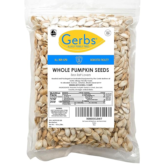 Pumpkin Seeds in-Shell Whole Roasted Heavy Sea Salt by Gerbs - 2 LBS Premium Grade AA Pepitas - Top 10 Food Allergen Free - Vegan & Kosher - Seed Country of Origin USA - Made in Rhode Island