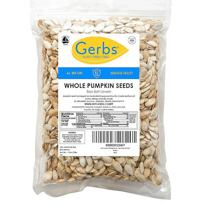 Pumpkin Seeds in-Shell Whole Roasted Heavy Sea Salt by Gerbs - 2 LBS Premium Grade AA Pepitas - Top 10 Food Allergen Free - Vegan & Kosher - Seed Country of Origin USA - Made in Rhode Island