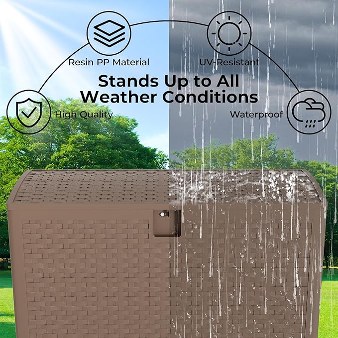 99 gal Brown Resin Deck Box, Outdoor Storage Box Waterproof Lockable, Patio Deck Box For Package Delivery, Outside Storage Box Container for Furniture Cushions, Garden Tools, Pool Accessories