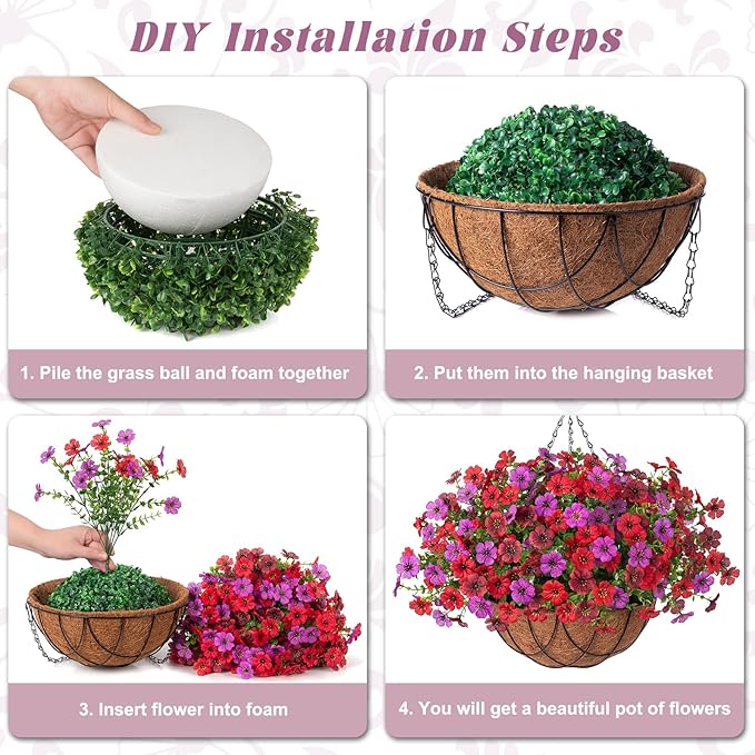 Artificial Silk Flowers Hanging Baskets Outdoors Indoors, Daisy with Eucalyptus Leaves Arrangement for Garden Yard Spring Summer Decor Faux Green Plant Metal Coconut Lining (Red Purple Red Brown)