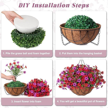 Artificial Silk Flowers Hanging Baskets Outdoors Indoors, Daisy with Eucalyptus Leaves Arrangement for Garden Yard Spring Summer Decor Faux Green Plant Metal Coconut Lining (Red Purple Red Brown)