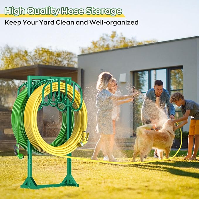 Garden Water Hose Holder Holds 2 * 150Ft Hoses, Heavy-Duty Metal Freestanding Hose Holder with 4 Spikes, Rustproof Garden Hose Hanger Storage for Outside, Yard, Lawn