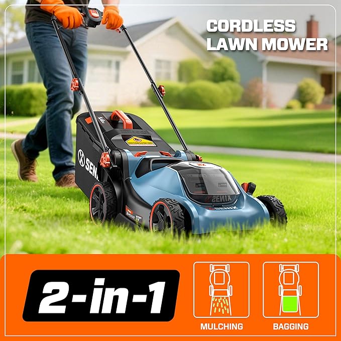 SENIX 40V 17" Electric Lawn Mower, Battery Powered Cordless Lawnmower, 2-in-1 Brushless Walk-Behind Push Mowers, 6 Heights Adjustment, cortadora de pasto, Includes 2x5Ah Batteries & Charger, LPPX2-M5