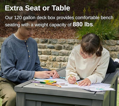 EAST OAK Outdoor Storage Box, 120 Gallon Deck Box with Stainless Steel Rods Large Resin Storage Bin for Patio Cushions, Garden Tools, Waterproof and UV Resistant, Lockable, Grey