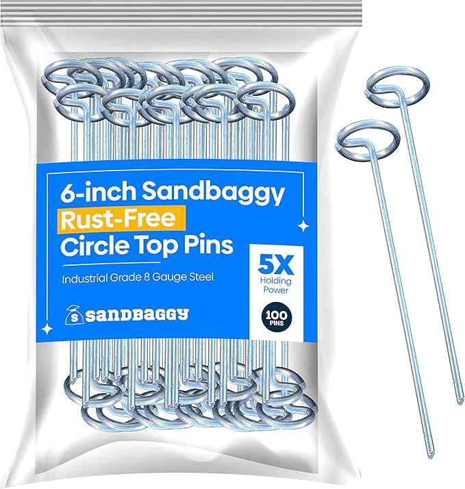 Sandbaggy 6-inch Circle Top Pins - Landscape Staples (Galvanized) - Garden Stakes for Landscaping, SOD - Heavy Duty Ground Stakes, Lawn Turf Spikes, Christmas Decorations, Weed Mats (100 Pins)