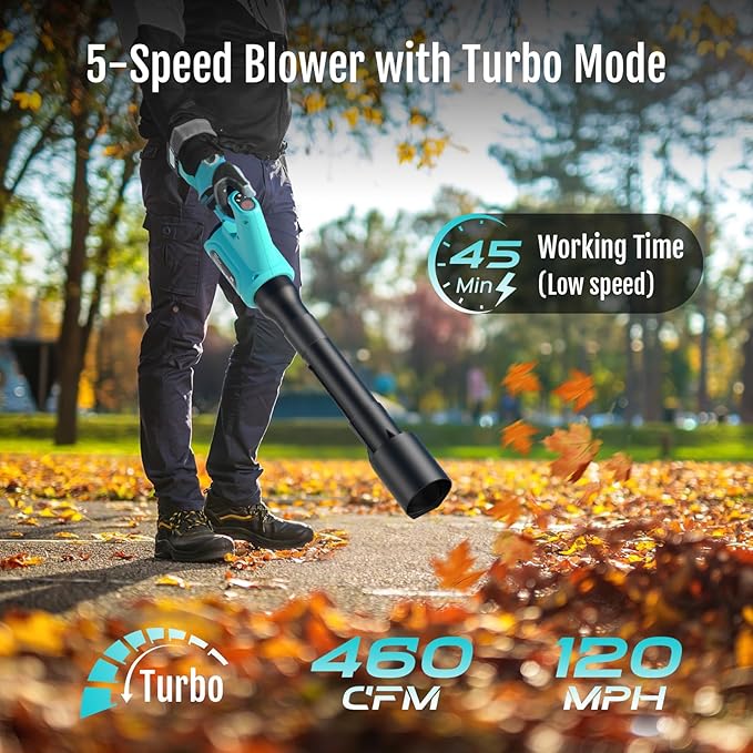 Electric Cordless Leaf Blower with Battery and Charger, 5-Speed + Turbo Mode, 4.0Ah Lightweight Battery Powered Powerful Blower for Blowing Leaves, Patio Cleaning, Blowers for Lawn Care