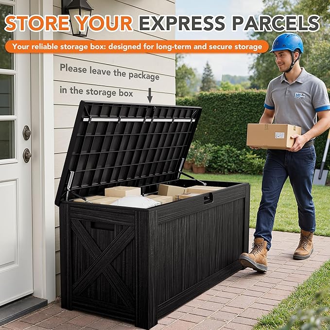 130 Gallon Deck Box Outdoor Indoor Waterproof Storage Box for Patio Furniture, Pool Accessories, Garden Tools, and Cushion Storage, Black