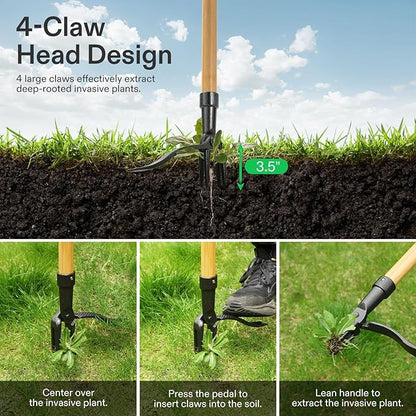 VIVOSUN 47" Weed Puller, Stand-Up Weed Puller Tool with Bamboo Handle & 4-Claw Steel Head, Sectional Pole Design, Easy Weeding Without Pulling, Bending, or Kneeling