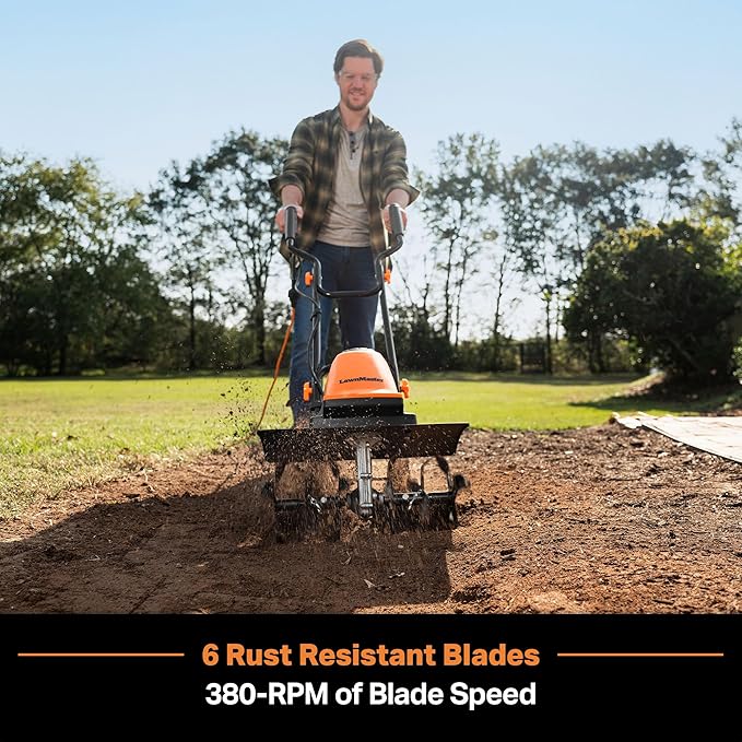 LawnMaster TE1318W1 Corded Electric Tiller 13.5-Amp 18-Inch Orange
