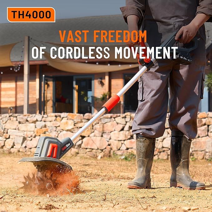 Cordless Tiller for Gardening 360 RPM Rototiller TH4000 Cultivator TaskStar Electric Garden Tiller Battery Powered Total 4000mAh,48 Heavy-Duty Steel Tines for Smooth Ground