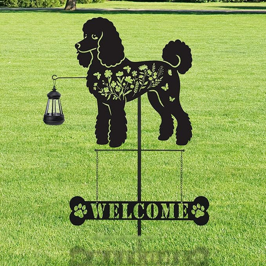 Poodle Metal Garden Stakes Yard Decor with a Lantern, Black Poodle Dog Silhouette Statues Garden Decorative Gifts for Yard Art, Patio, Outside, Lawn Ornaments, Christmas, Backyard, Pathway
