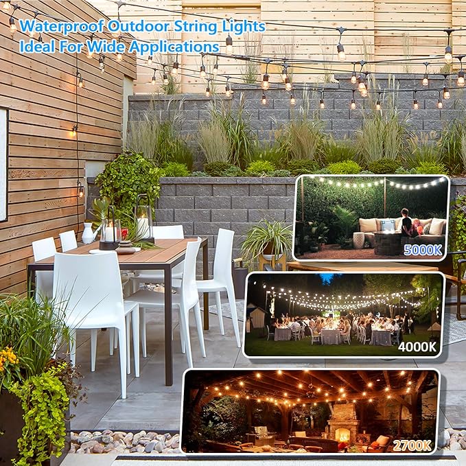 3 Color Dimmable LED Outdoor String Lights with Remotes, 48FT Waterproof Patio Hanging Lights with Shatterproof E26 S14 LED Bulbs for Bistro Cafe Pergola Party, Warm White/Nature White/Daylight White