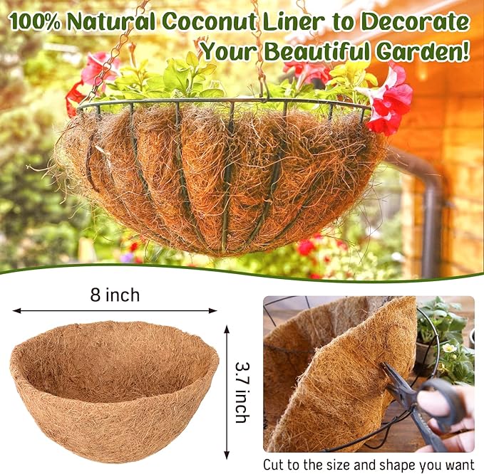 Legigo 6 Pack 8 Inch Hanging Basket Coco Liners Replacement, 100% Natural Round Coconut Coco Fiber Planter Basket Liners for Hanging Basket Flowers/Vegetables